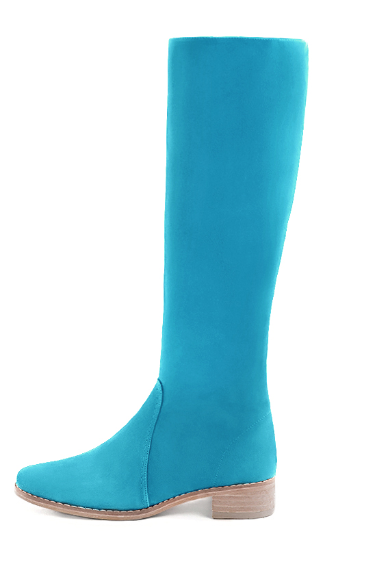 Turquoise blue women's riding knee-high boots. Round toe. Low leather soles. Made to measure. Profile view - Florence KOOIJMAN